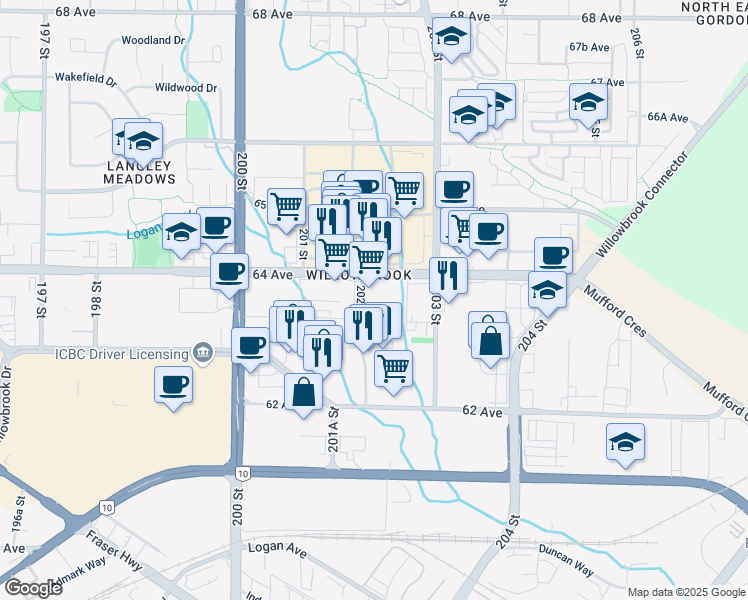 map of restaurants, bars, coffee shops, grocery stores, and more near 6322 202 Street in Langley