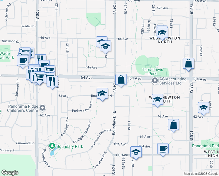map of restaurants, bars, coffee shops, grocery stores, and more near 12392 63A Avenue in Surrey