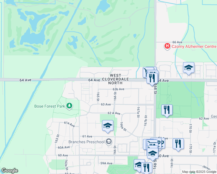 map of restaurants, bars, coffee shops, grocery stores, and more near 16565 63B Avenue in Surrey