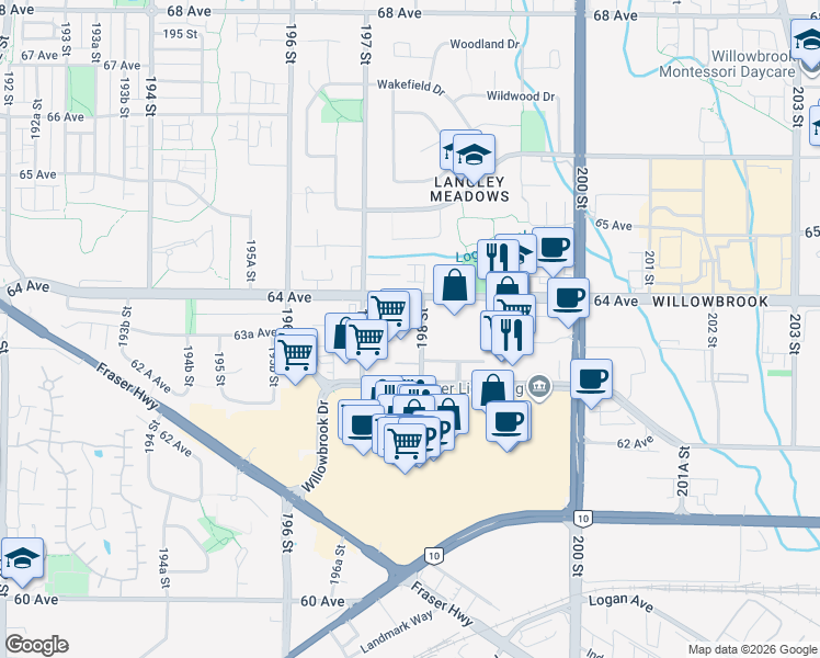 map of restaurants, bars, coffee shops, grocery stores, and more near 6359 198 Street in Langley Township