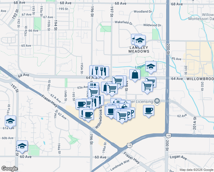map of restaurants, bars, coffee shops, grocery stores, and more near 6323 197 Street in Langley City