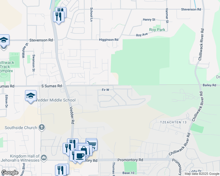 map of restaurants, bars, coffee shops, grocery stores, and more near 45900 South Sumas Road in Chilliwack