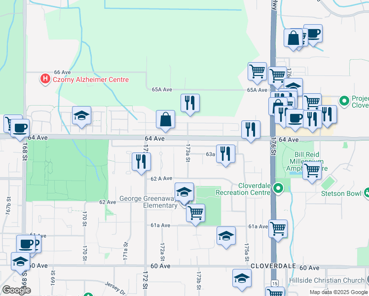 map of restaurants, bars, coffee shops, grocery stores, and more near 6369 173A Street in Surrey