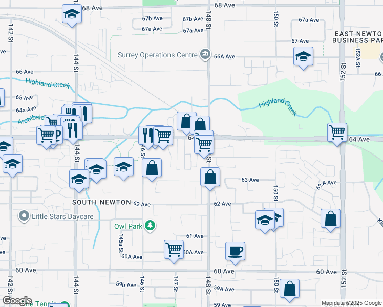 map of restaurants, bars, coffee shops, grocery stores, and more near 14770 64 Avenue in Surrey