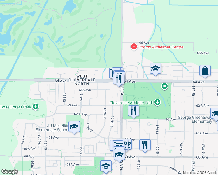 map of restaurants, bars, coffee shops, grocery stores, and more near 16761 63B Avenue in Surrey