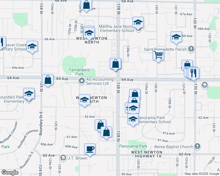 map of restaurants, bars, coffee shops, grocery stores, and more near 12775 63 Avenue in Surrey