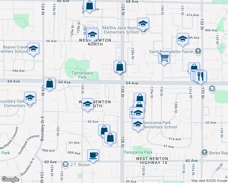 map of restaurants, bars, coffee shops, grocery stores, and more near 12775 63 Avenue in Surrey
