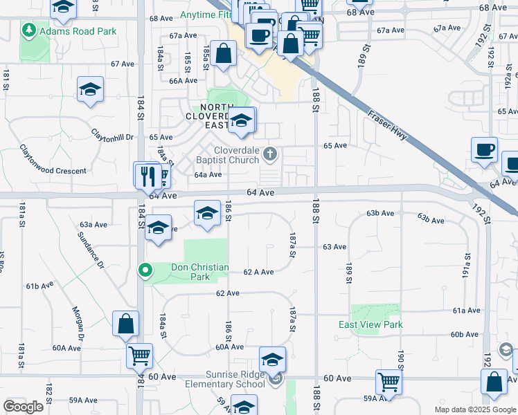 map of restaurants, bars, coffee shops, grocery stores, and more near 18667 63A Avenue in Surrey