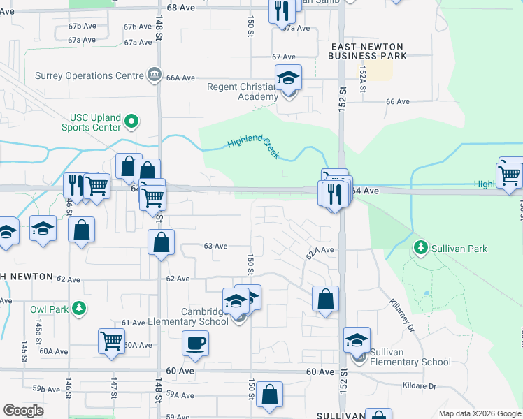 map of restaurants, bars, coffee shops, grocery stores, and more near 15155 62 A Avenue in Surrey