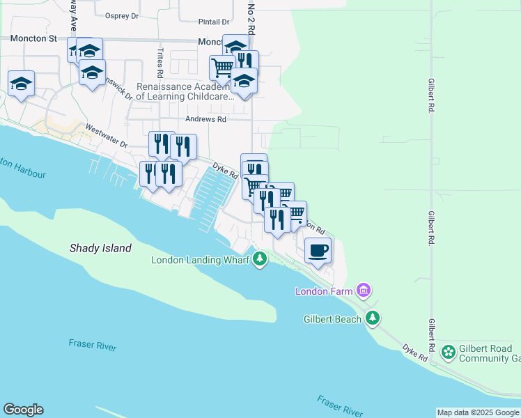 map of restaurants, bars, coffee shops, grocery stores, and more near 13040 Number 2 Road in Richmond