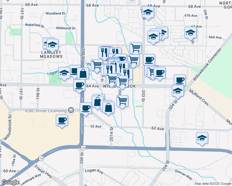 map of restaurants, bars, coffee shops, grocery stores, and more near 20120 64 Avenue in Langley Township