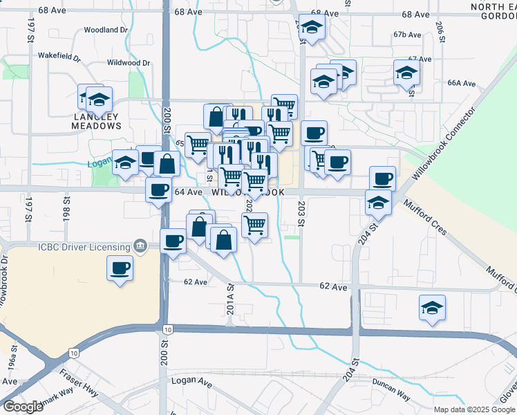 map of restaurants, bars, coffee shops, grocery stores, and more near 6360 202 Street in Langley Township