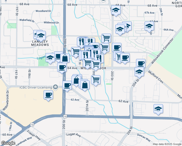 map of restaurants, bars, coffee shops, grocery stores, and more near 20120 64 Avenue in Langley