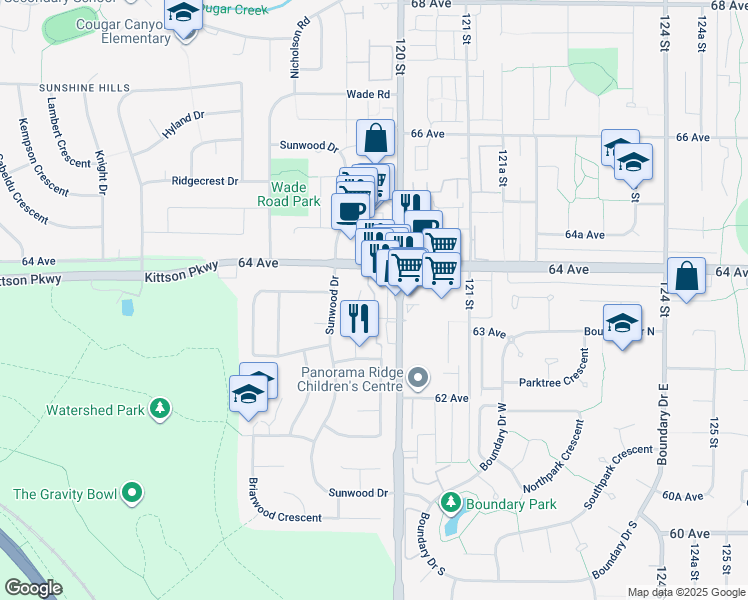 map of restaurants, bars, coffee shops, grocery stores, and more near 11952 64 Avenue in Delta