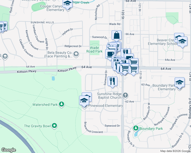 map of restaurants, bars, coffee shops, grocery stores, and more near 11826 Alderwood Crescent in Delta