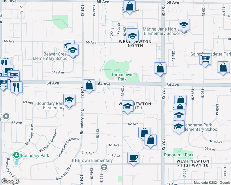 map of restaurants, bars, coffee shops, grocery stores, and more near 6380 125A Street in Surrey