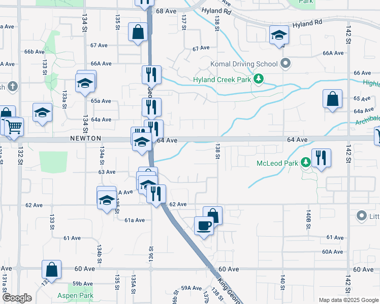 map of restaurants, bars, coffee shops, grocery stores, and more near 13716 63B Avenue in Surrey