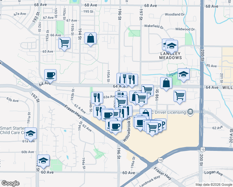 map of restaurants, bars, coffee shops, grocery stores, and more near 6377 196 Street in Surrey