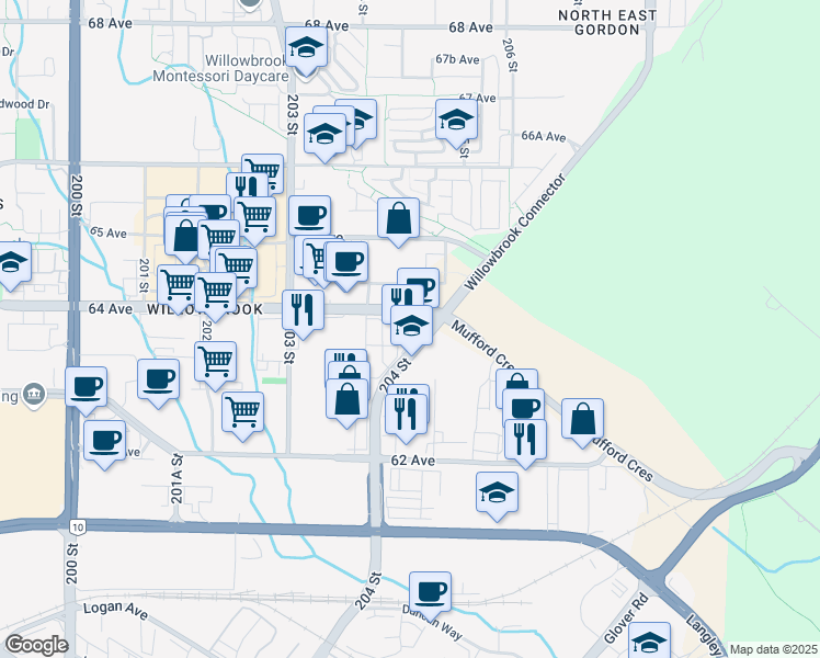 map of restaurants, bars, coffee shops, grocery stores, and more near in Langley Township