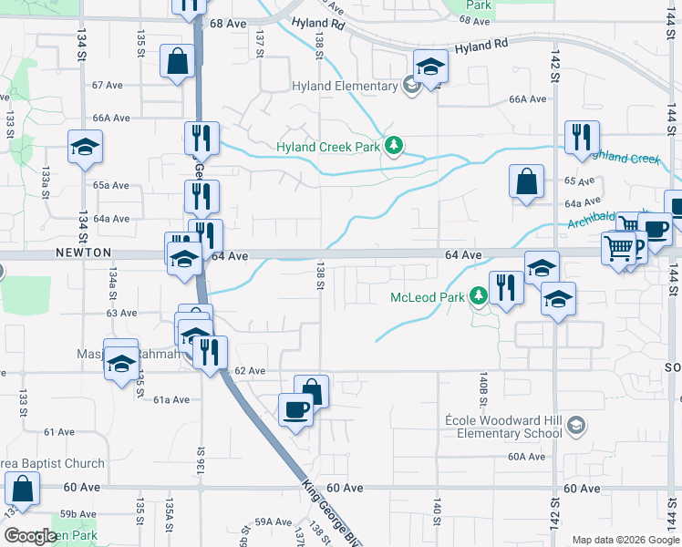 map of restaurants, bars, coffee shops, grocery stores, and more near 13898 64 Avenue in Surrey