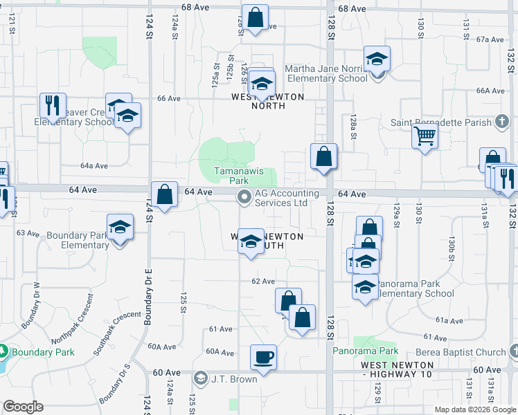 map of restaurants, bars, coffee shops, grocery stores, and more near 6366 126 Street in Surrey