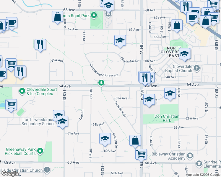 map of restaurants, bars, coffee shops, grocery stores, and more near 18240 64 Avenue in Surrey