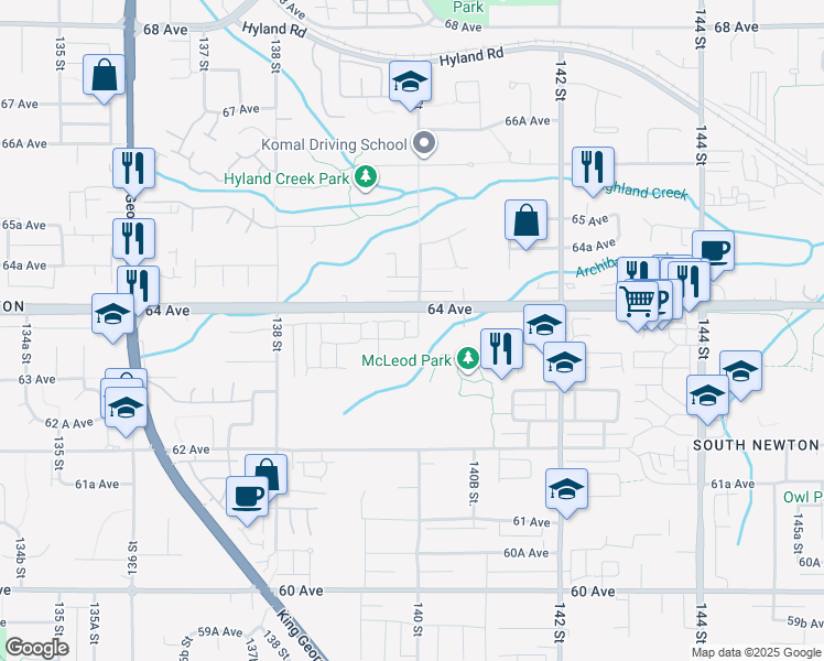 map of restaurants, bars, coffee shops, grocery stores, and more near in Surrey