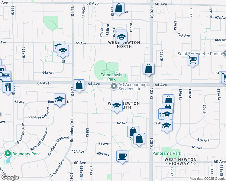 map of restaurants, bars, coffee shops, grocery stores, and more near 6366 126 Street in Surrey