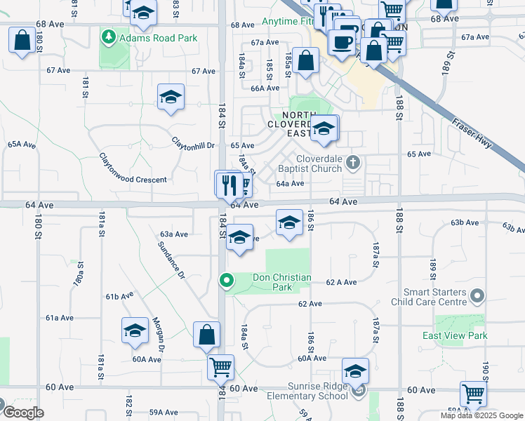 map of restaurants, bars, coffee shops, grocery stores, and more near 18496 64 Avenue in Surrey
