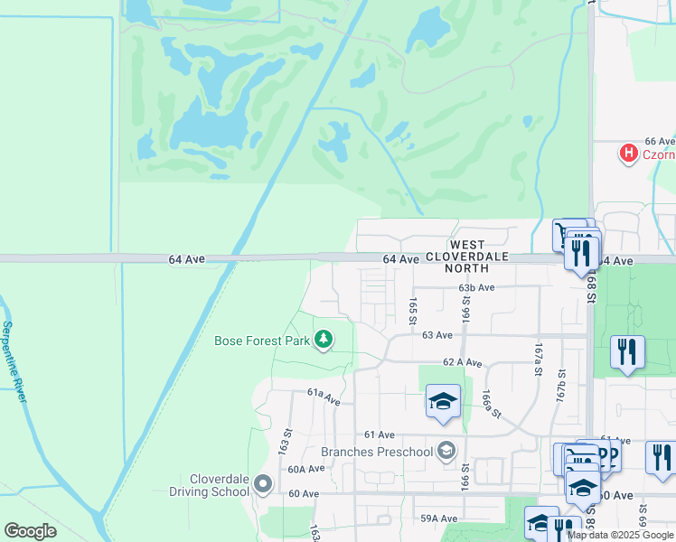 map of restaurants, bars, coffee shops, grocery stores, and more near 16398 64 Avenue in Surrey