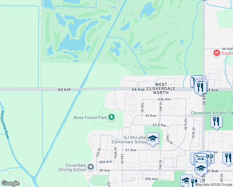 map of restaurants, bars, coffee shops, grocery stores, and more near 16398 64 Avenue in Surrey