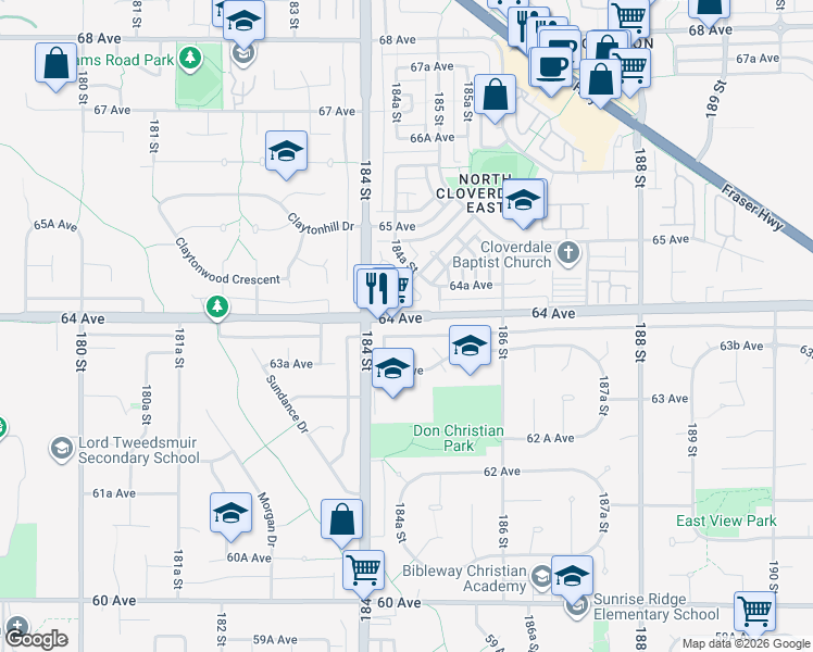 map of restaurants, bars, coffee shops, grocery stores, and more near 18464 64 Avenue in Surrey