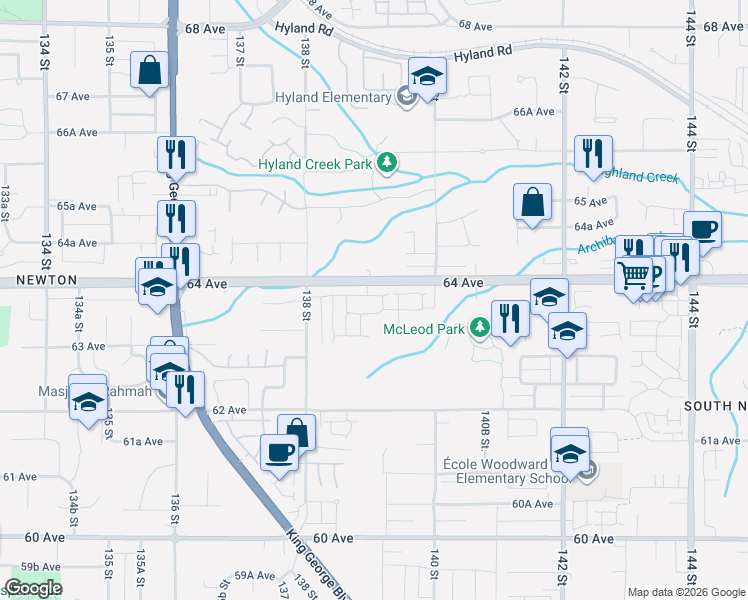 map of restaurants, bars, coffee shops, grocery stores, and more near in Surrey
