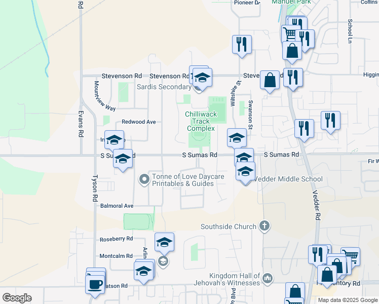 map of restaurants, bars, coffee shops, grocery stores, and more near 45377 South Sumas Road in Chilliwack