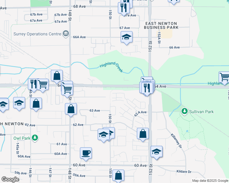 map of restaurants, bars, coffee shops, grocery stores, and more near 15155 62A Avenue in Surrey