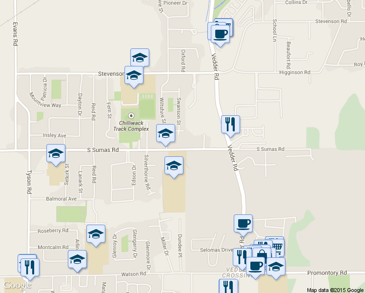 map of restaurants, bars, coffee shops, grocery stores, and more near 45595 South Sumas Road in Chilliwack