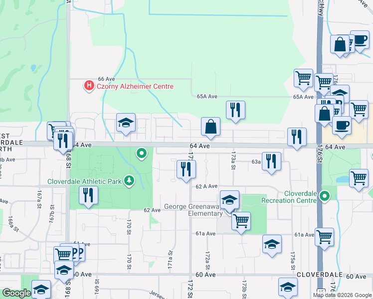 map of restaurants, bars, coffee shops, grocery stores, and more near 6385 172 Street in Surrey