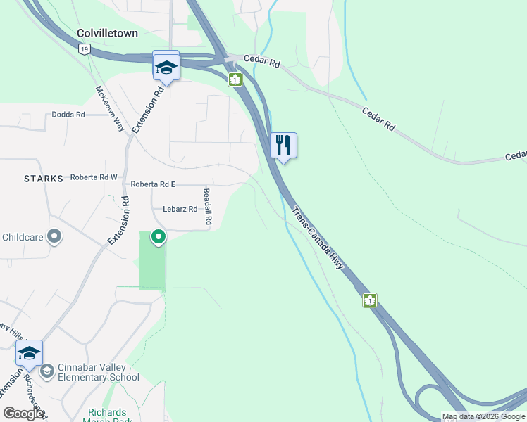 map of restaurants, bars, coffee shops, grocery stores, and more near 11 Roberta Road East in Nanaimo
