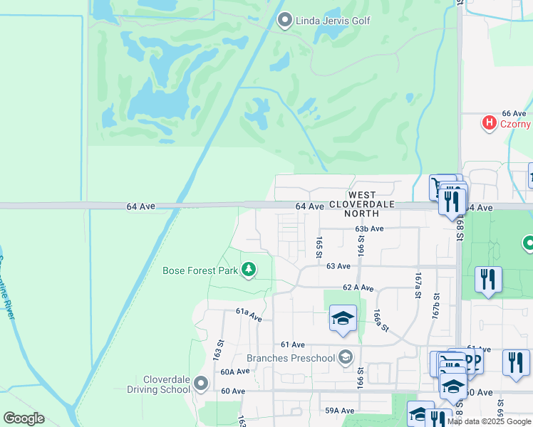 map of restaurants, bars, coffee shops, grocery stores, and more near 6198 164 Street in Surrey