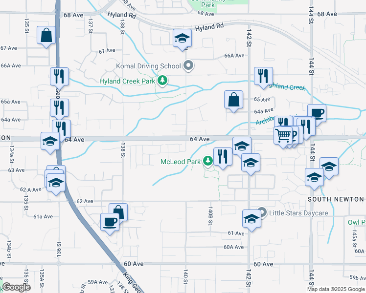 map of restaurants, bars, coffee shops, grocery stores, and more near 6383 140 Street in Surrey