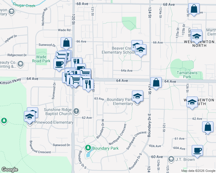 map of restaurants, bars, coffee shops, grocery stores, and more near 12179 63A Avenue in Surrey
