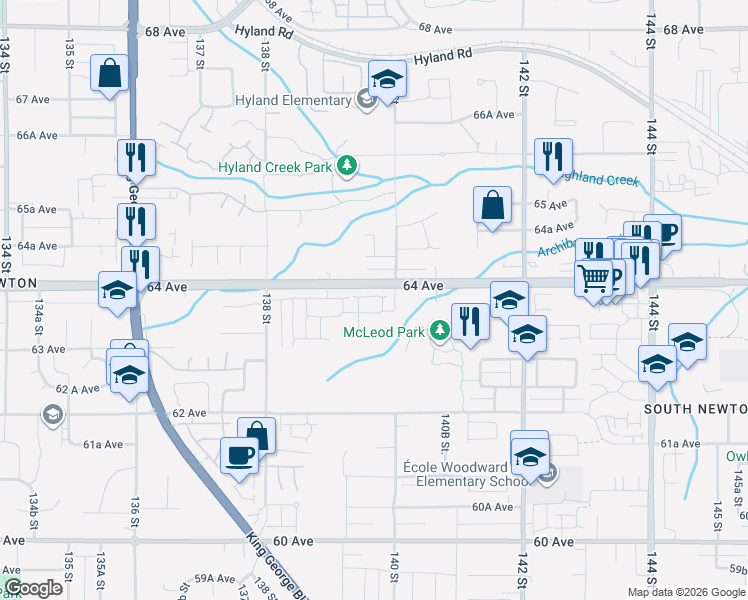 map of restaurants, bars, coffee shops, grocery stores, and more near 6383 140 Street in Surrey
