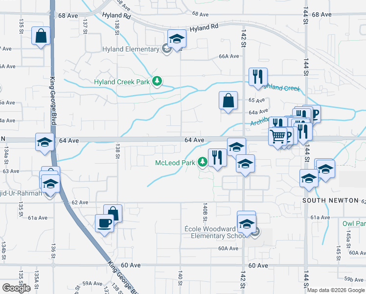 map of restaurants, bars, coffee shops, grocery stores, and more near 6388 140 Street in Surrey