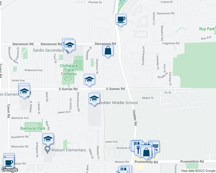 map of restaurants, bars, coffee shops, grocery stores, and more near 45625 South Sumas Road in Chilliwack
