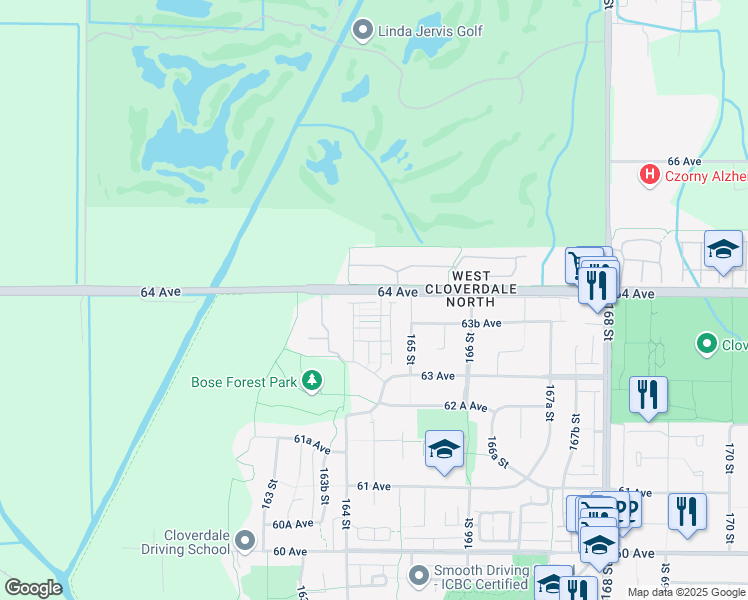 map of restaurants, bars, coffee shops, grocery stores, and more near in Surrey