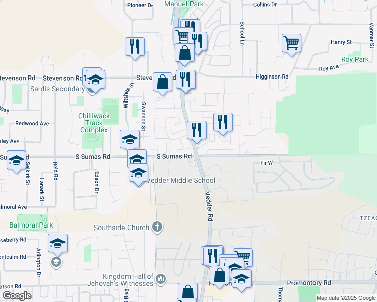 map of restaurants, bars, coffee shops, grocery stores, and more near 6450 Blackwood Lane in Chilliwack