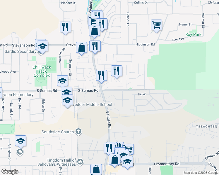 map of restaurants, bars, coffee shops, grocery stores, and more near 39 South Sumas Road in Chilliwack