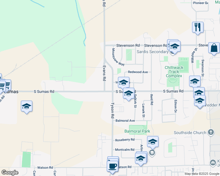 map of restaurants, bars, coffee shops, grocery stores, and more near 6423 Tyson Road in Chilliwack