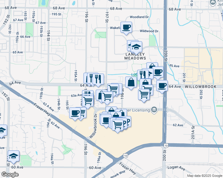 map of restaurants, bars, coffee shops, grocery stores, and more near 19750 64 Avenue in Langley Township