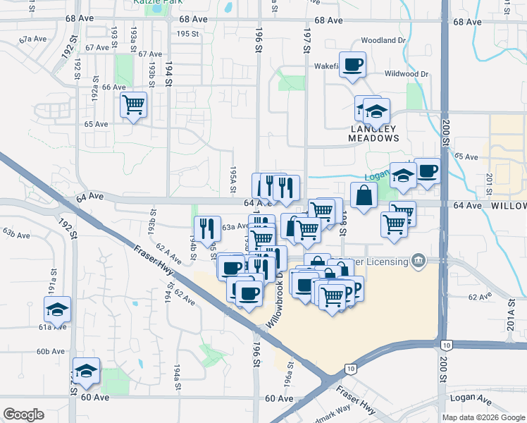 map of restaurants, bars, coffee shops, grocery stores, and more near 6390 196 Street in Langley Township